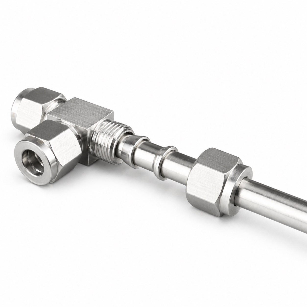 Đầu nối chữ T Inox 304 2 đầu siết hạt bắp và 1 đầu ren ngoài - chi tiết