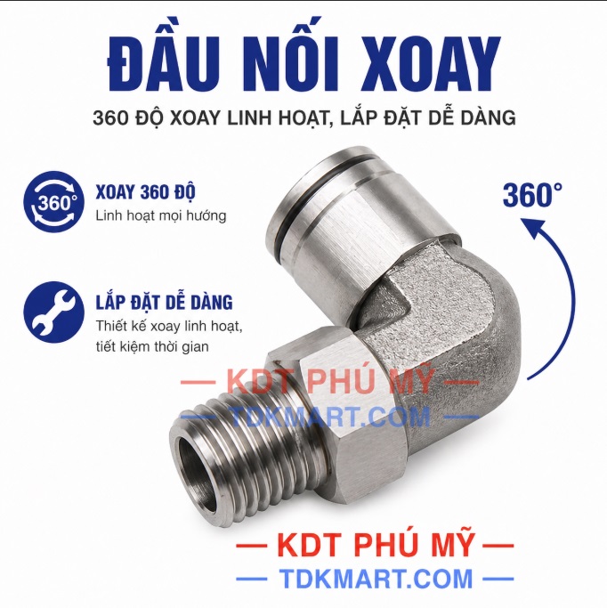 Co nối nhanh Inox ren ngoài có thể xoay ống 360 độ