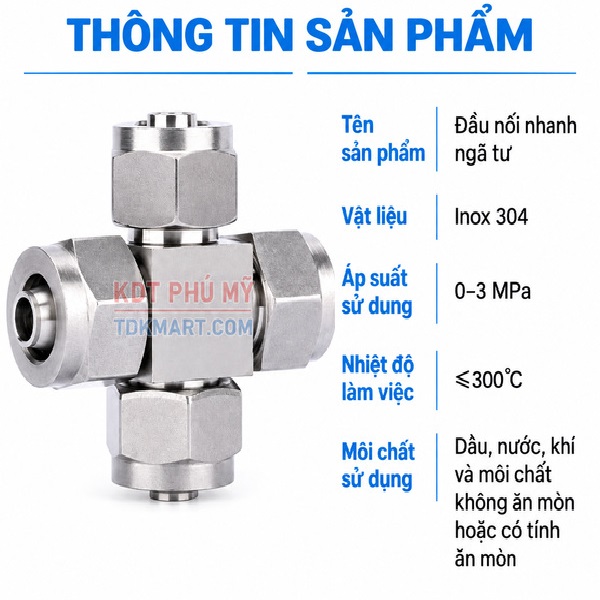 Đầu nối ngã tư Inox 304 4 đầu siết ống THÔNG TIN SẢN PHẨM