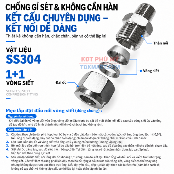 Đầu nối thẳng Inox 304 1 đầu siết hạt bắp 1 đầu ren ngoài KHÔNG CẦN HÀN