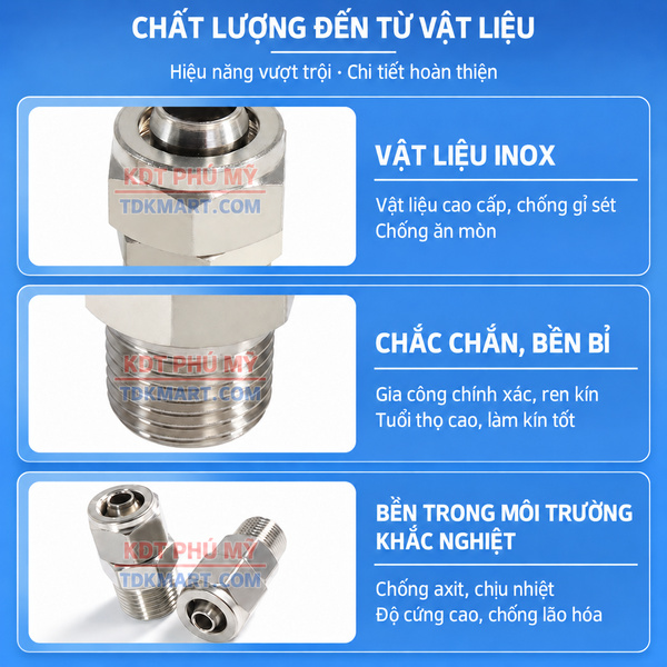 Đầu nối thẳng Inox 304 có 1 đầu siết ống và 1 đầu ren ngoài chắc chắn bền bỉ