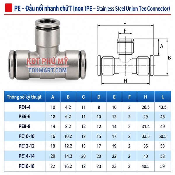 Đầu nối nhanh khí nén chữ T Inox 304 3 đầu ghim ống THÔNG SỐ