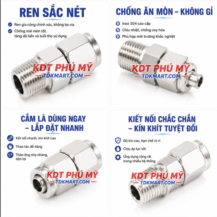 Đầu nối thẳng Inox 304 có 1 đầu siết ống và 1 đầu ren ngoài