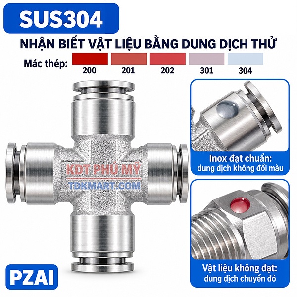 Đầu nối nhanh khí nén ngã tư Inox 304 4 đầu ghim ống NHẠN BIẾT INOX 304