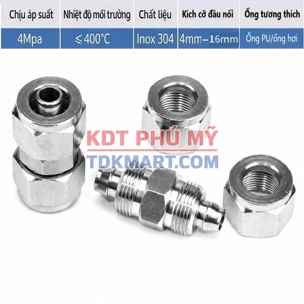 Đầu nối Inox 304 có 2 đầu siết ống chi tiết