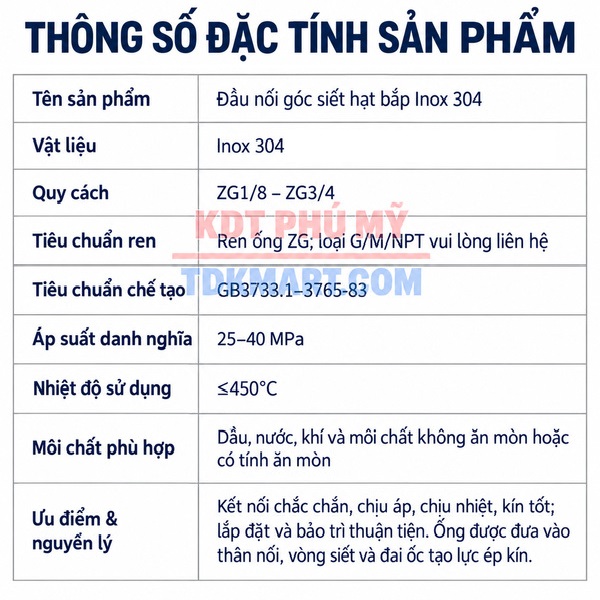 Co nối thép không rỉ 304 có 1 đầu siết hạt bắp và 1 đầu ren ngoài THÔNG SỐ