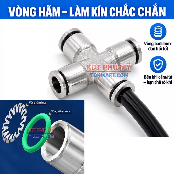 Đầu nối nhanh khí nén ngã tư Inox 304 4 đầu ghim ống VÒNG HÃM