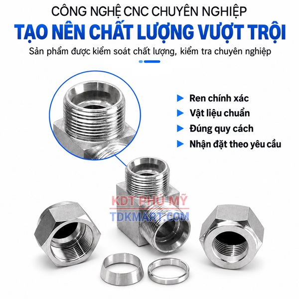 Co nối Inox 304 có 2 đầu siết hạt bắp REN CHÍNH XÁC