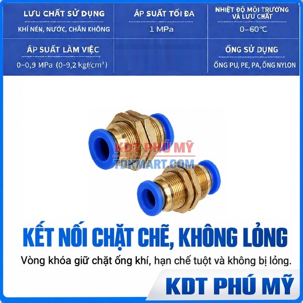 Đầu nối nhanh khí nén xuyên vách 2 đầu ghim ống HẠN CHẾ TUỘT
