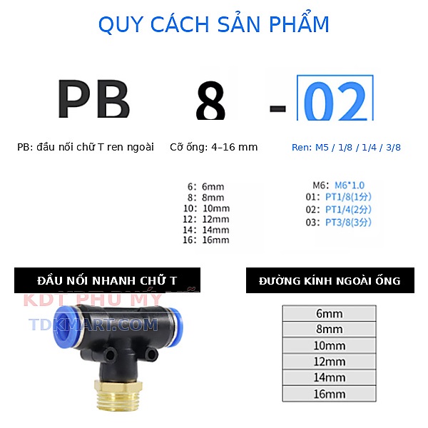 Đầu nối khí nén chữ T- Ren ngoài bên giữa QUY CÁCH