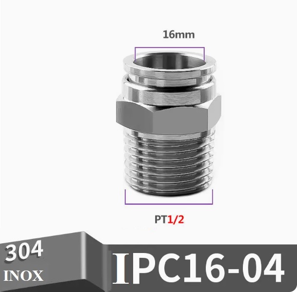 Đầu nối nhanh Inox thẳng ống 16 - Ren ngoài PT1/2 (=21mm)  Model: IPC16-04