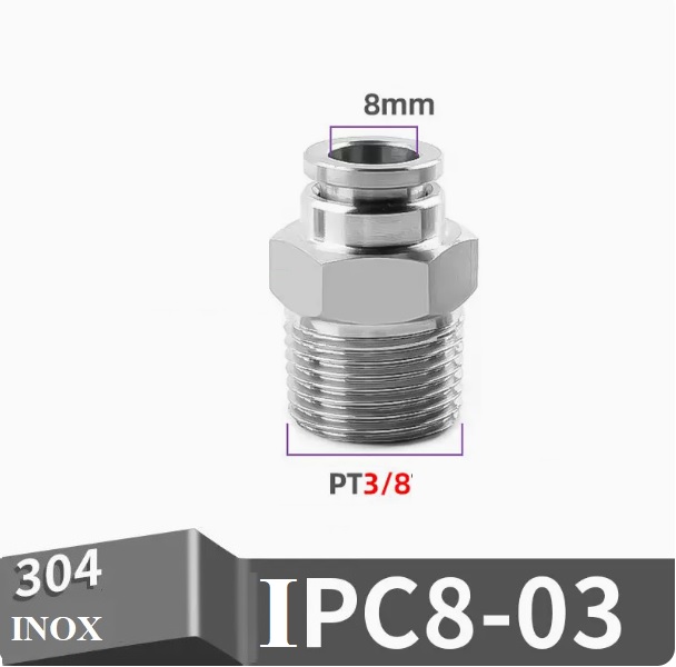Đầu nối nhanh Inox thẳng ống 8 - Ren ngoài 3/8 =16.7mm
