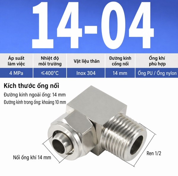 co nối inox 304 đầu siết ống 14 ren ngoài 1/2