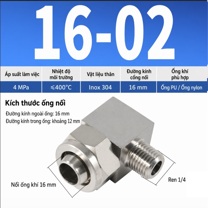 co nối inox 304 đầu siết ống 16 ren ngoài 1/4
