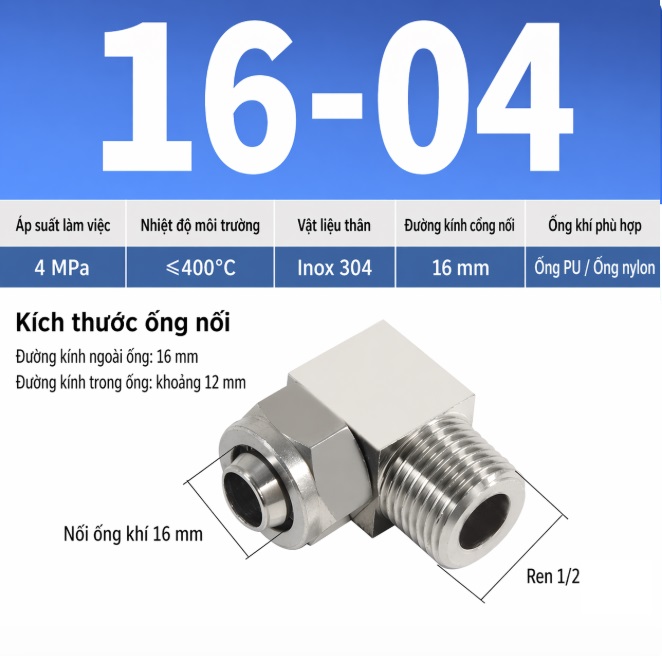 co nối inox 304 đầu siết ống 16 ren ngoài 1/2