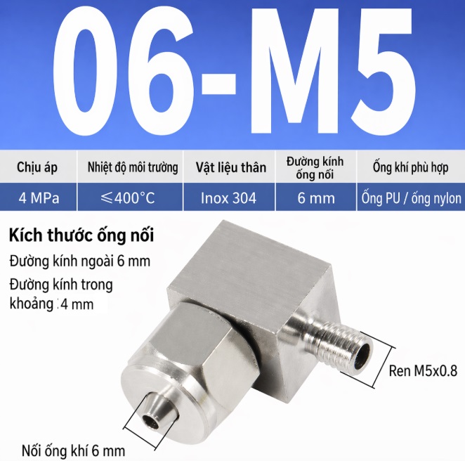 co nối inox 304 ren ngoài M5, co nối ống 6 ren M5, đầu nối inox 304 cho ống khí 6mm, co nối khí nén inox 304, co nối inox 304 1 đầu siết ống 6, co nối ren ngoài M5, phụ kiện khí nén inox 304
