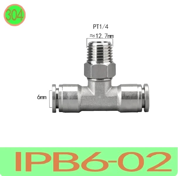 T nối nhanh Inox ống 6 - Ren ngoài 1/4 =12.7mm  Model: IPB6-02  Vật liệu: Inox 304  Xuất xứ: China