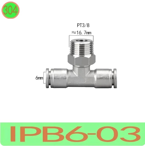 T nối nhanh Inox ống 6 - Ren ngoài 3/8 =16.7mm  Model: IPB6-03  Vật liệu: Inox 304