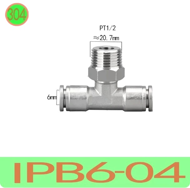 T nối nhanh Inox ống 6 - Ren ngoài 1/2 =21mm  Model: IPB6-04  Vật liệu: Inox 304