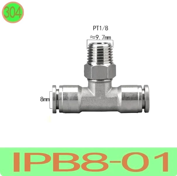 T nối nhanh Inox ống 8 - Ren ngoài 1/8 =9.6mm  Model: IPB8-01  Vật liệu: Inox 304