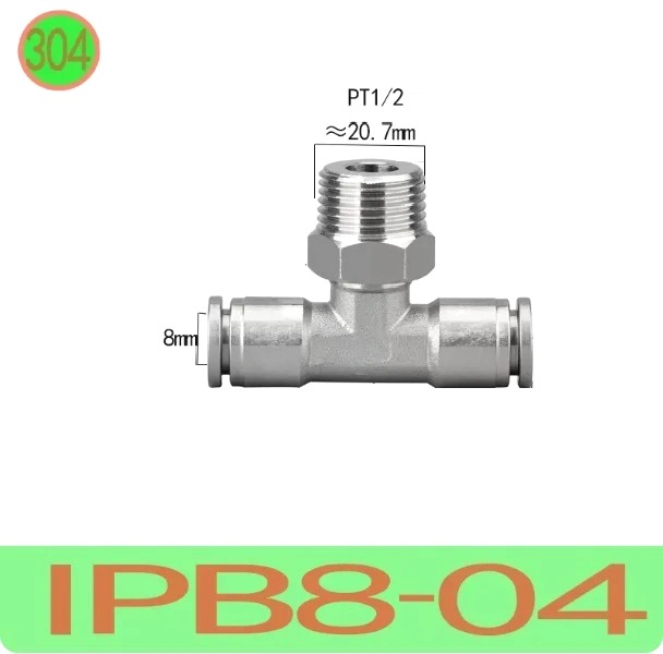 T nối nhanh Inox ống 8 - Ren ngoài 1/2 =21mm  Model: IPB8-04  Vật liệu: Inox 304