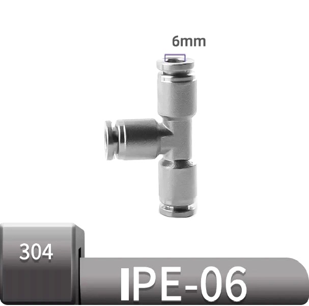 Đầu nối nhanh Inox chữ T ống 6 mm  Model: IPE-06  Vật liệu: Inox 304