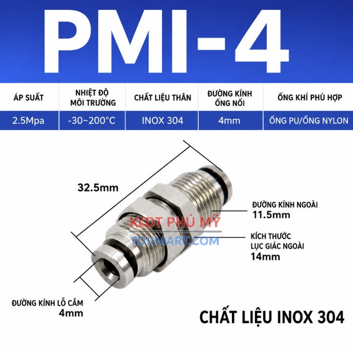 Đầu nối nhanh khí nén Inox thẳng ống 4 mm có ốc siết thành