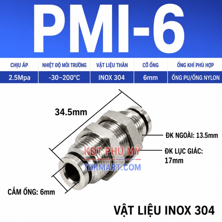 Đầu nối nhanh khí nén Inox thẳng ống 6 mm có ốc siết thành