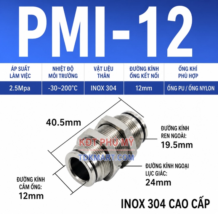 Đầu nối nhanh khí nén inox 304 thẳng có ốc siết thành xuyên vách 12