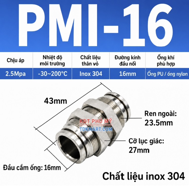 Đầu nối nhanh khí nén inox 304 thẳng có ốc siết thành xuyên vách 16