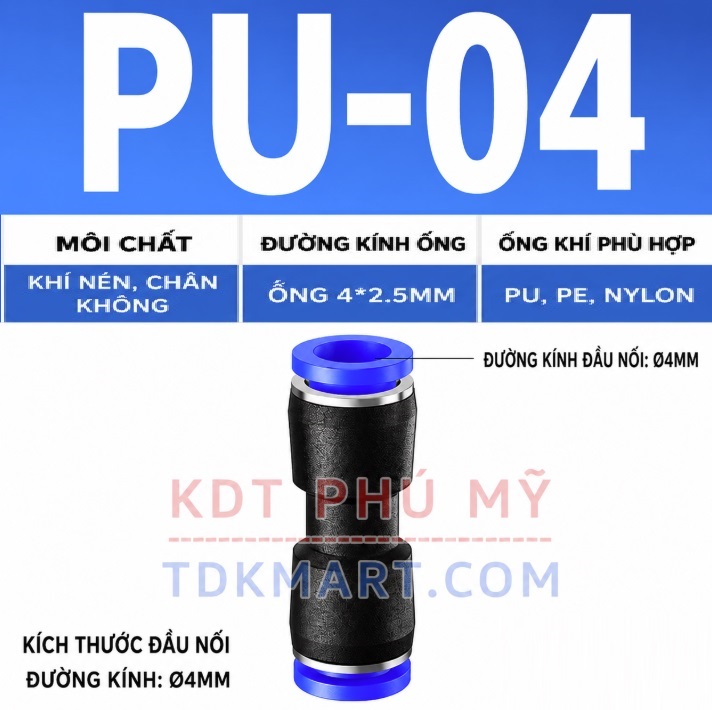 Model PU-4: đường kính ngoài của ống khí x đường kính ngoài của đầu nối x chiều dài đầu nối = 4 x 11 x 28