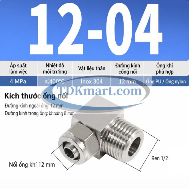 Co nối Inox 304 đầu siết ống 12 ren ngoài 1/2 bền chắc