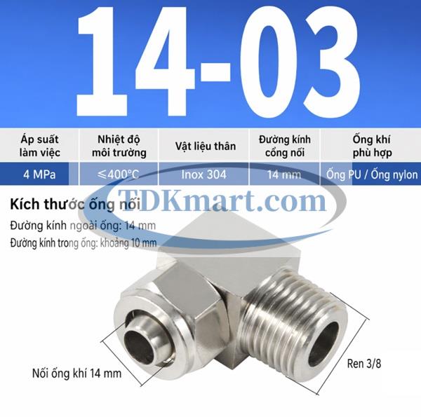 Co nối inox 304 1 đầu siết ống 14 và ren ngoài 3/8 = 16.7mm chống gỉ tốt, kín khí ổn định, phù hợp hệ thống khí nén công nghiệp.