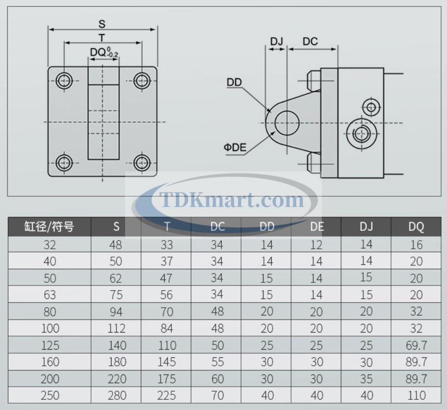 bảng thông số đế chân xi lanh khí nén CA