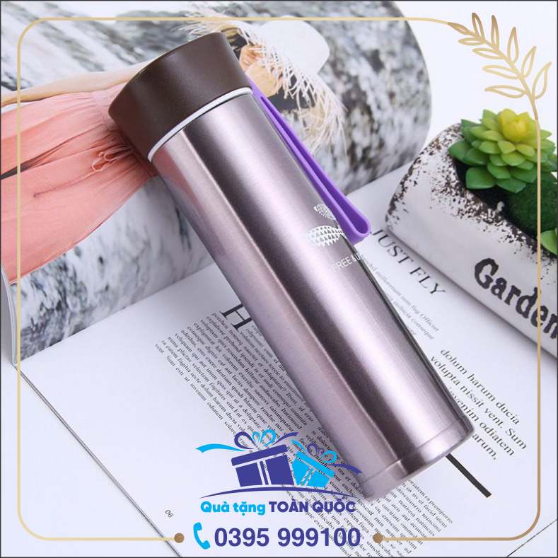 bình giữ nhiệt có dây xách, bình giữ nhiệt mầu tím nhũ, bình giữ nhiệt cao cấp, quà tặng dưới 150k