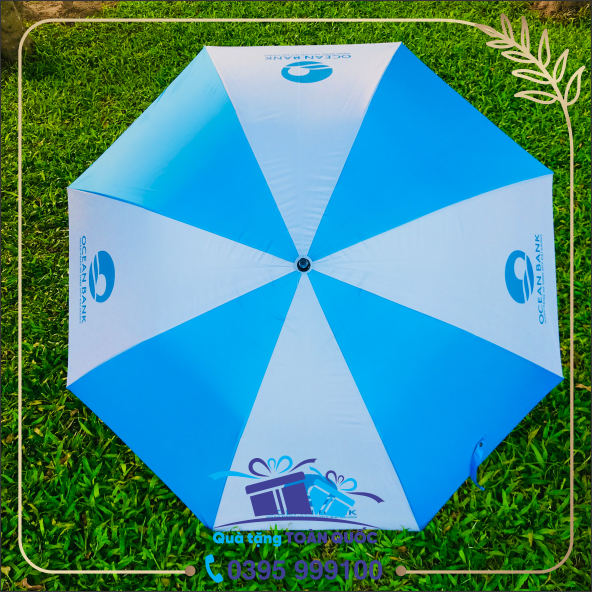 ô dù Ocean Bank, ô dù mầu xanh trắng, ô dù cầm tay cán thẳng, ô dù R75cm, ô dù in logo quảng cáo, ô dù quà tặng, xưởng sản xuất ô dù cầm tay giá rẻ, quà tặng dưới 200k, quà tặng tết 1