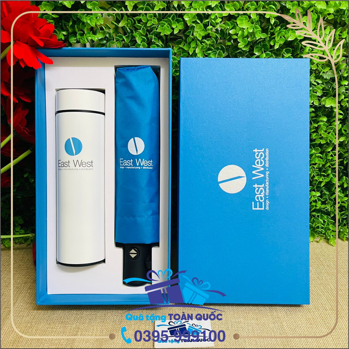 bộ quà tặng East West, bộ quà tặng giáo viên, quà tặng 20/10, bộ gift set ô dù và bình giữ nhiệt hiển thị nhiệt độ, quà tặng 8/3
