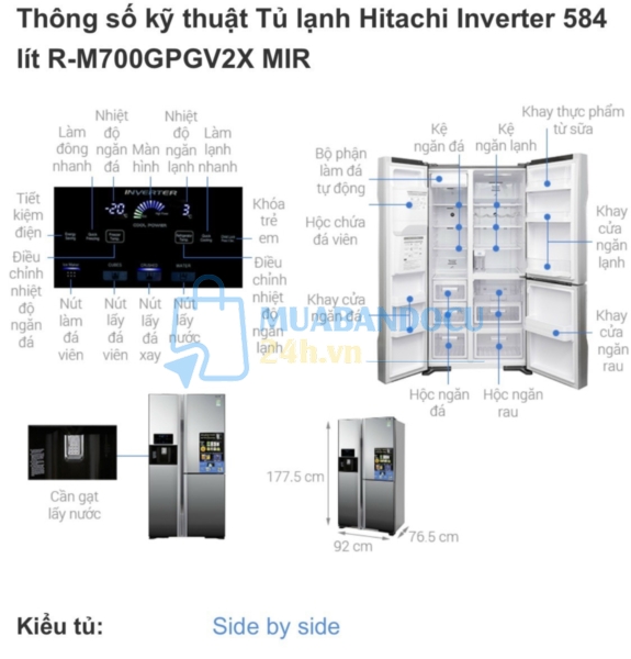 Tủ lạnh hitachi 3 cánh 584 lít model: r-m700gpgv2x