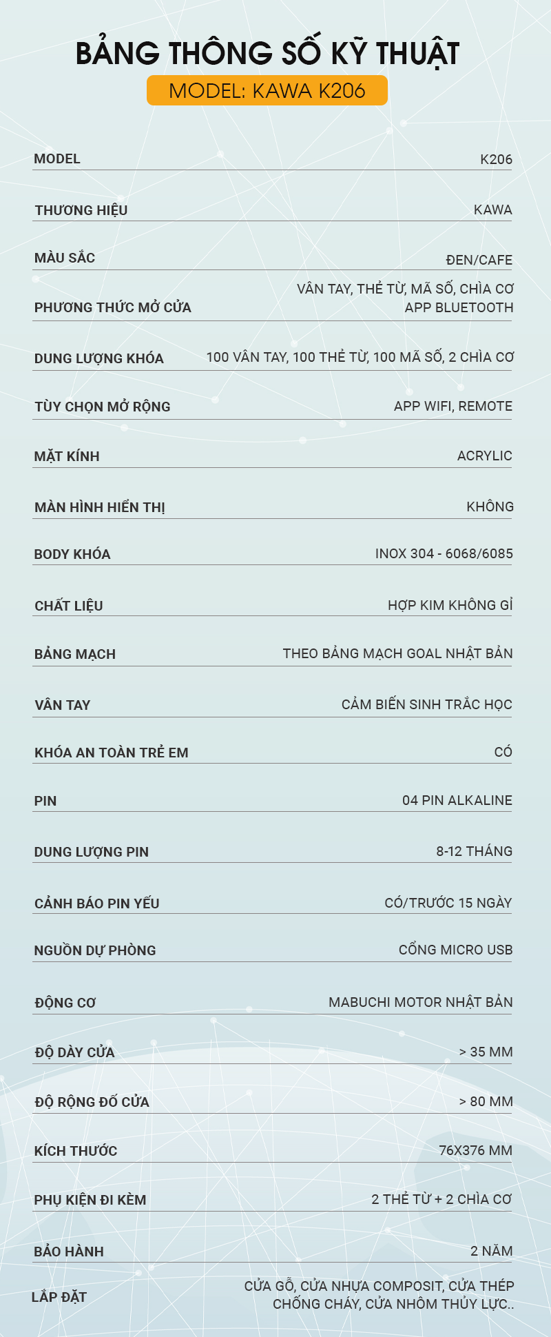 Khóa cửa vân tay KAWA-K206 25 k206
