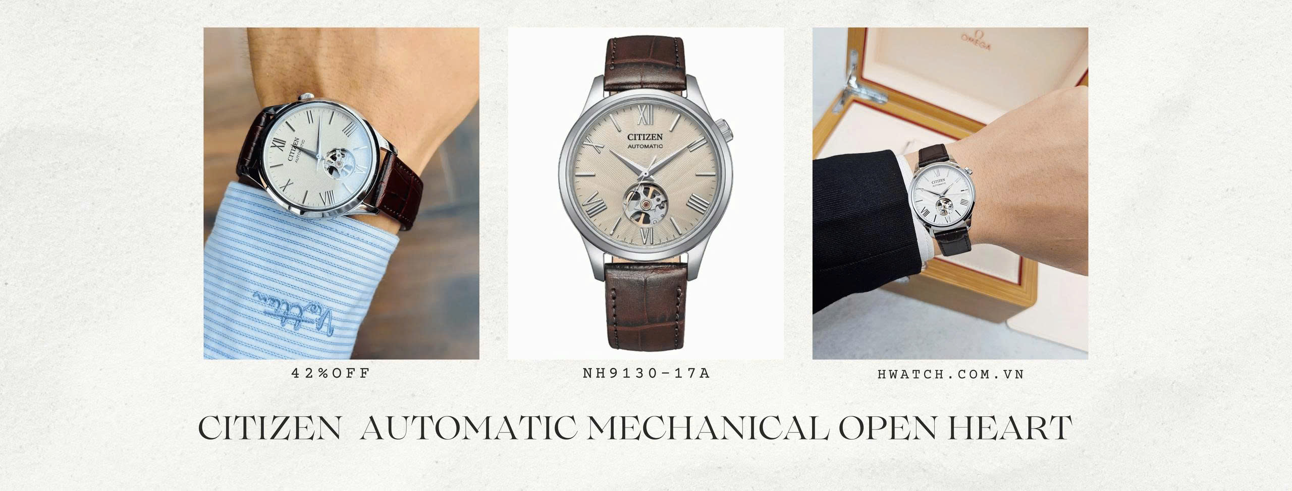 Citizen Automatic Mechanical Open Heart NH9130-17A Beige