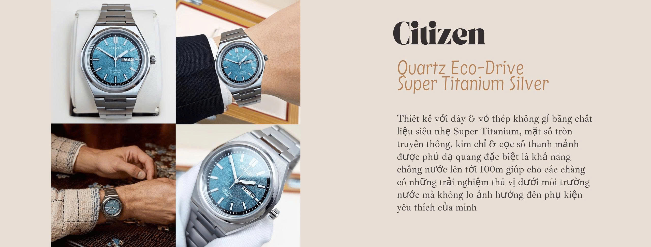 Citizen Quartz Eco-Drive Super Titanium Silver với mã AW0130-85X xanh lá