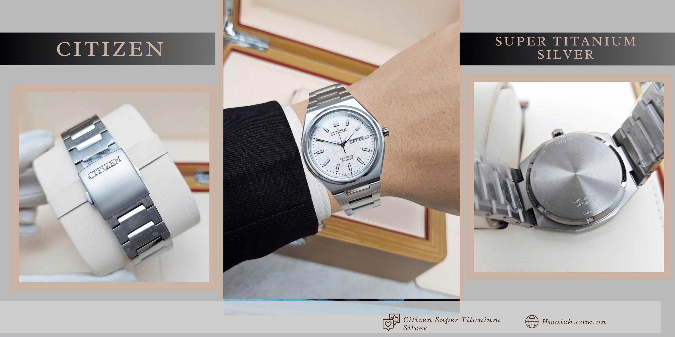Citizen Quartz Eco-Drive Super Titanium Silver với mã : AW0130-85A trắng