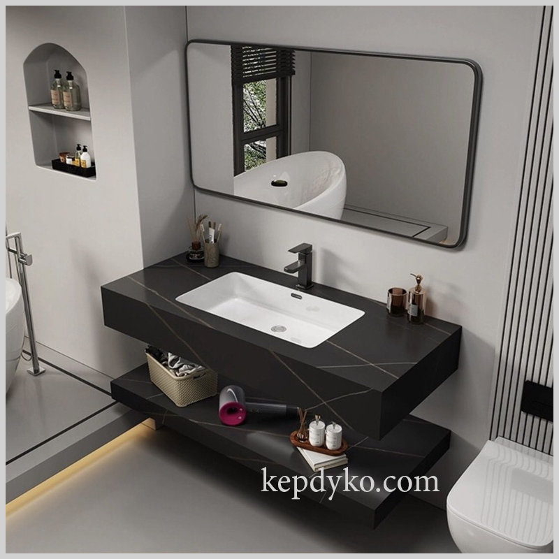 Bàn đá lavabo 2 tầng tích hợp chậu tràn viền sang trọng