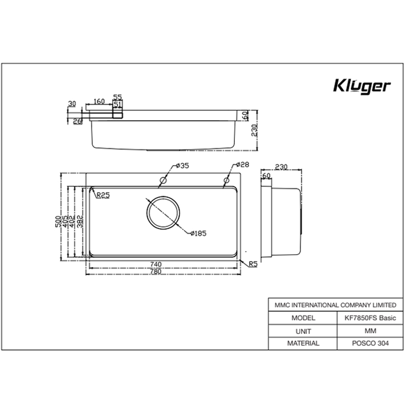 Bản vẽ kỹ thuật chậu rửa bát Kluger KF7850FS Plus