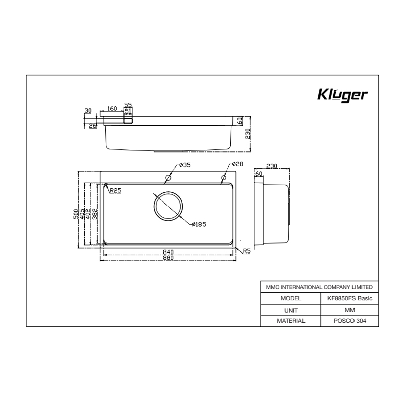 Bản vẽ kỹ thuật Chậu rửa bát Kluger KF8850FS