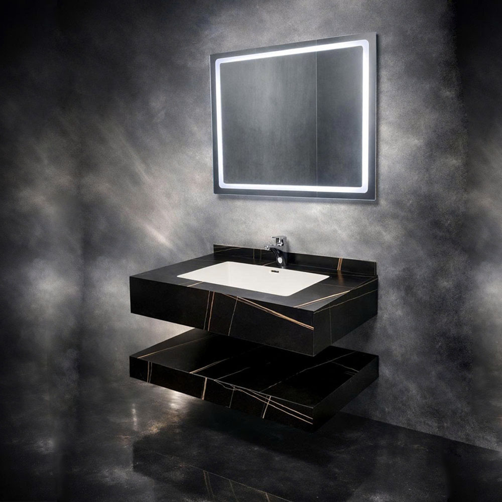 Bộ Bàn Đá Lavabo 2 Tầng Màu Đen - Chậu Sứ Tràn Viền Nano