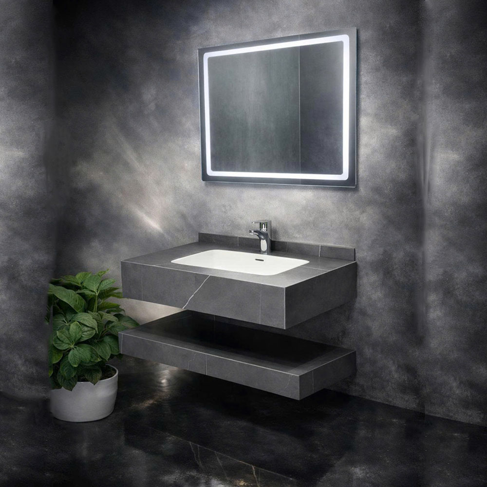 Bộ Bàn Đá Lavabo 2 Tầng Màu Xám - Chậu Sứ Tràn Viền Nano kích thước 800x500mm