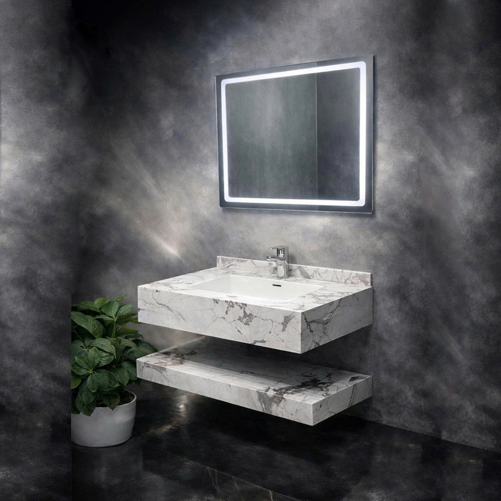 Bộ bàn đá lavabo 2 tầng màu trắng vân đá sang trọng