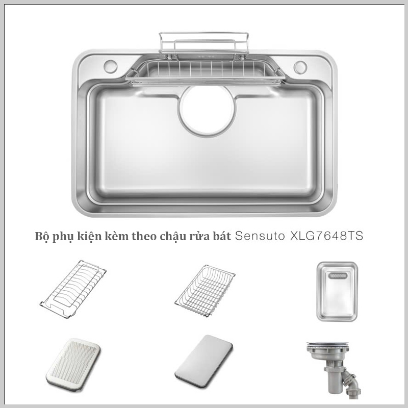 Bộ phụ kiện gồm giá úp bát inox, thớt inox, giỏ dựng đồ rửa bát,chậu nhỏ