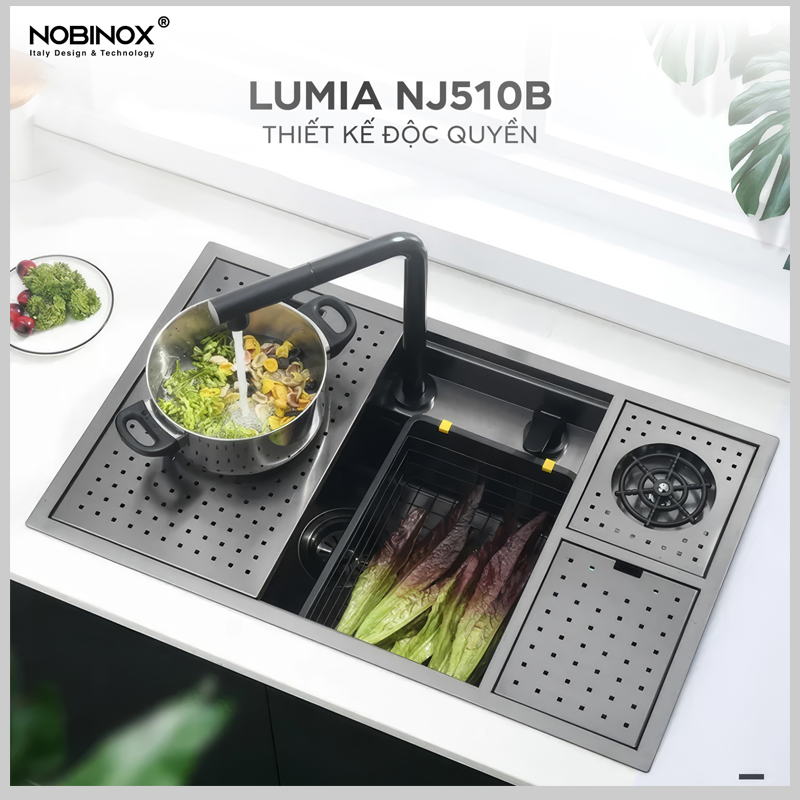Chậu rửa bát NJ510B tích hợp máy rửa cốc và gờ phụ kiện tiện lợi